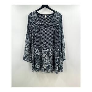 Free People Blue Boho Bell Sleeve Mini Dress/Tunic Blouse Size Small Oversized